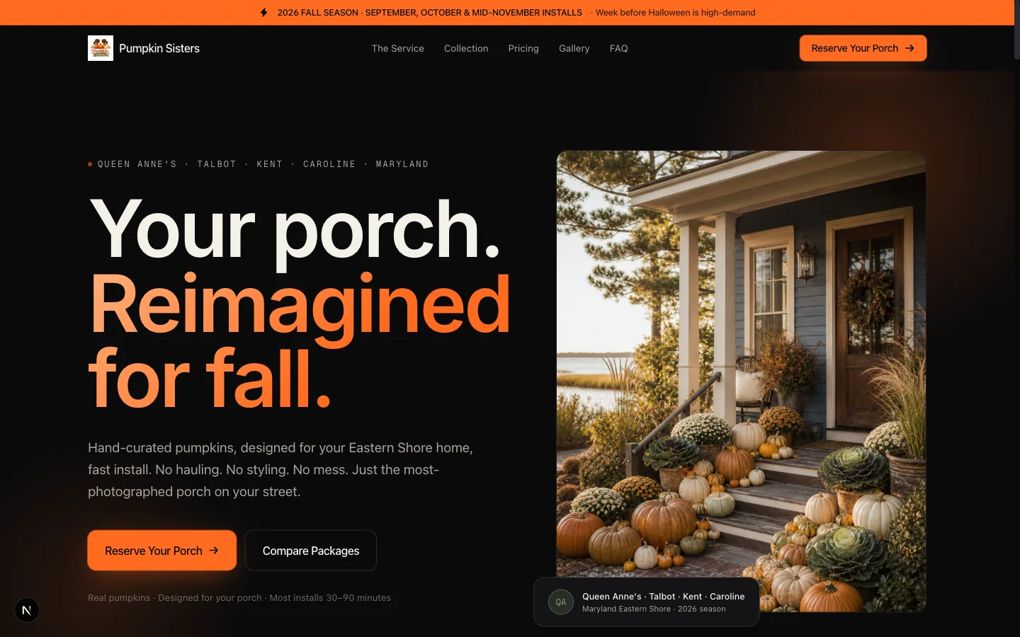 Pumpkin Sisters fall porch styling website shown on a desktop screen