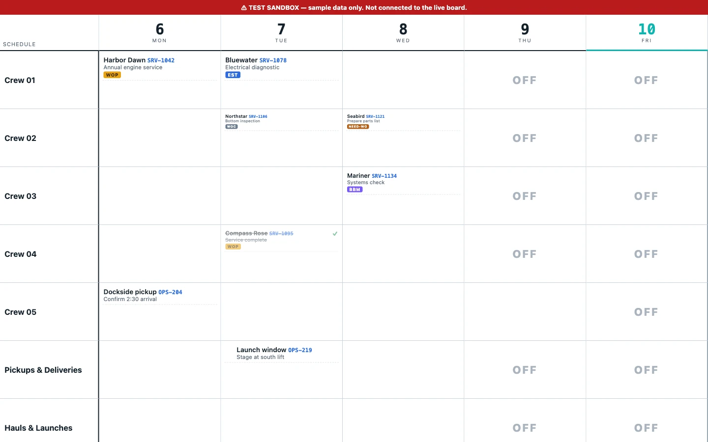 WeekRelay demo technician schedule shown as a weekly operations grid